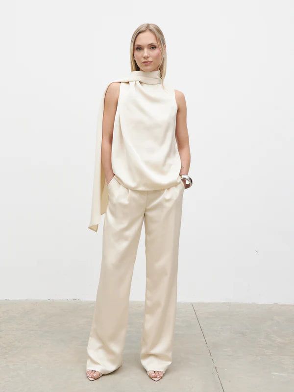 Breya Scarf Faux Satin Top (Oyster)