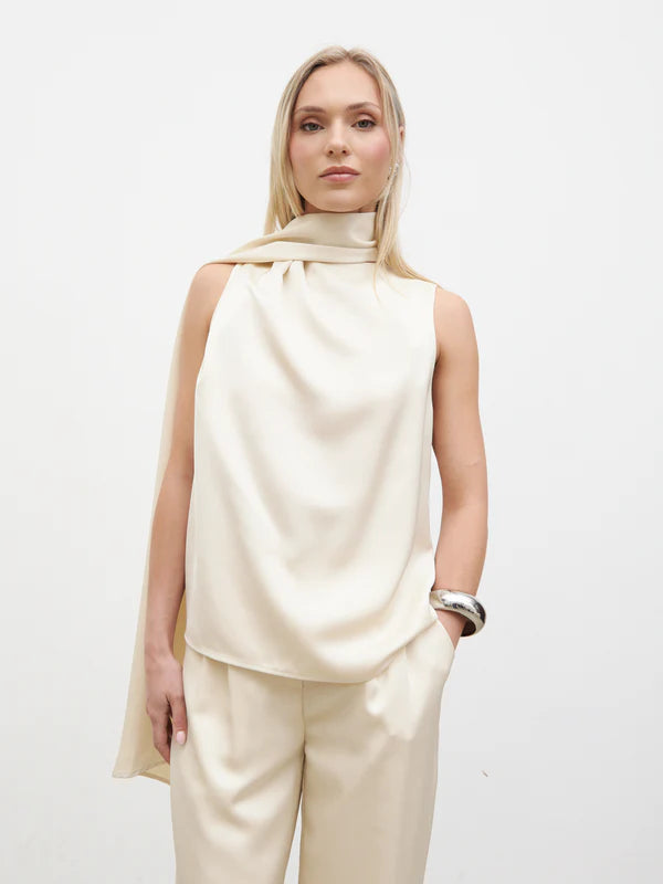 Breya Scarf Faux Satin Top (Oyster)