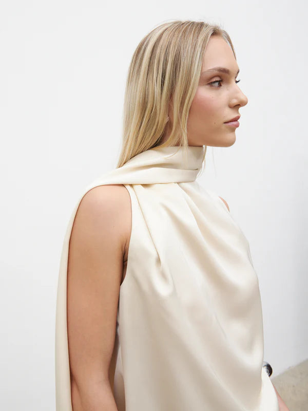 Breya Scarf Faux Satin Top (Oyster)