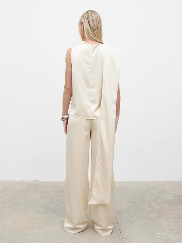 Breya Scarf Faux Satin Top (Oyster)