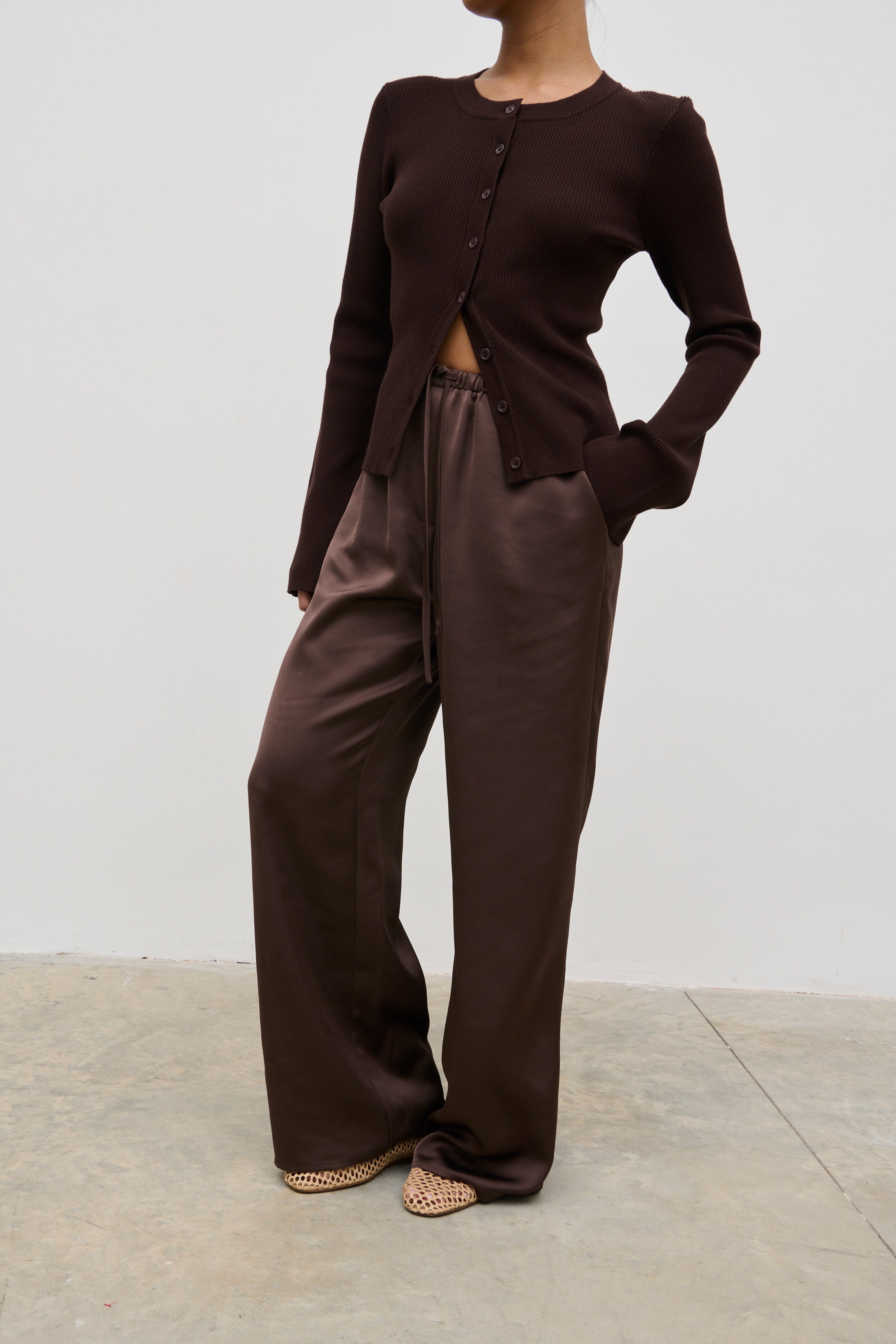 Breya Satin Drawstring Trousers (Chocolate Brown)