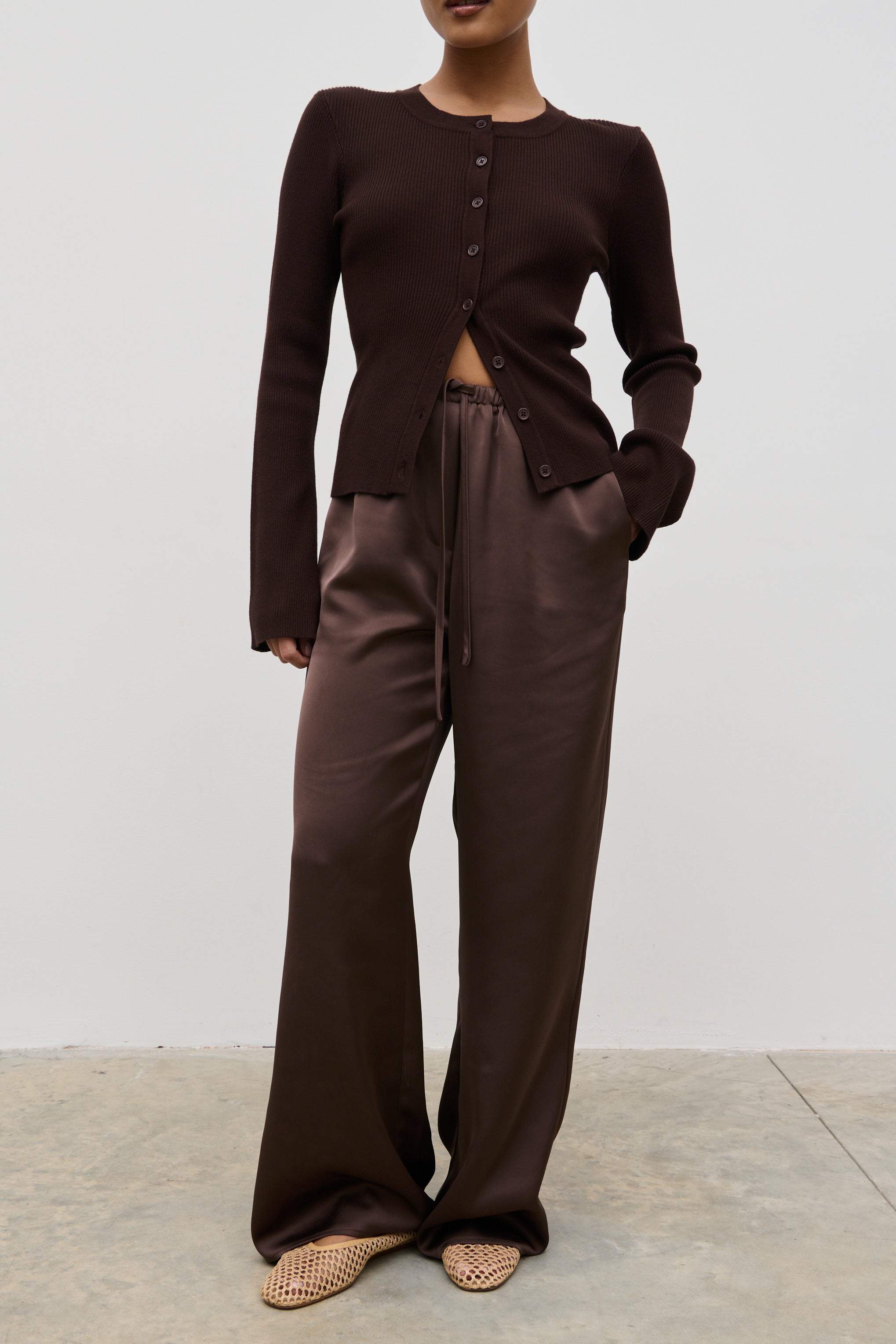 Breya Satin Drawstring Trousers (Chocolate Brown)