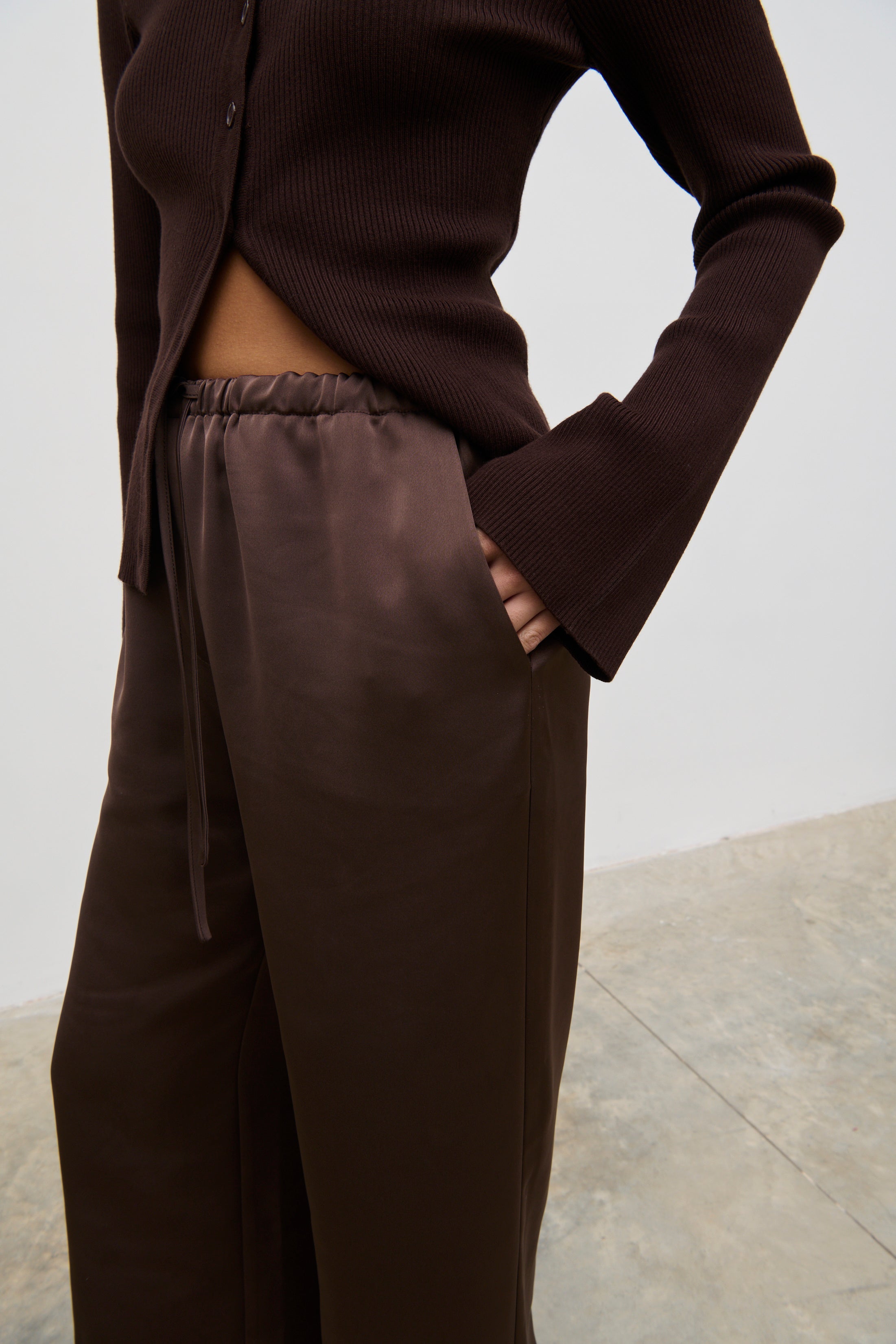 Breya Satin Drawstring Trousers (Chocolate Brown)