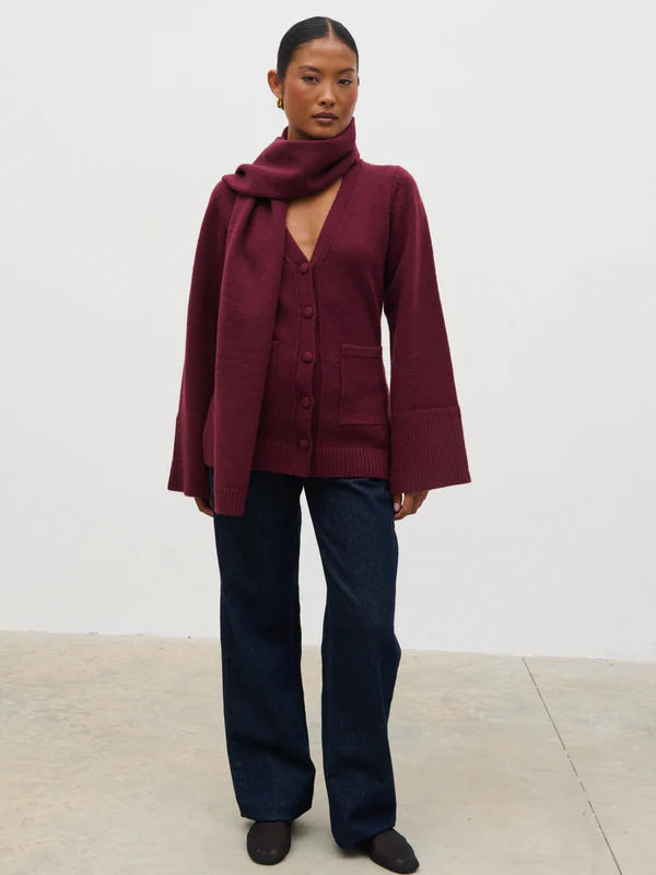 Florie Knit Cardigan with Scarf (Wine)