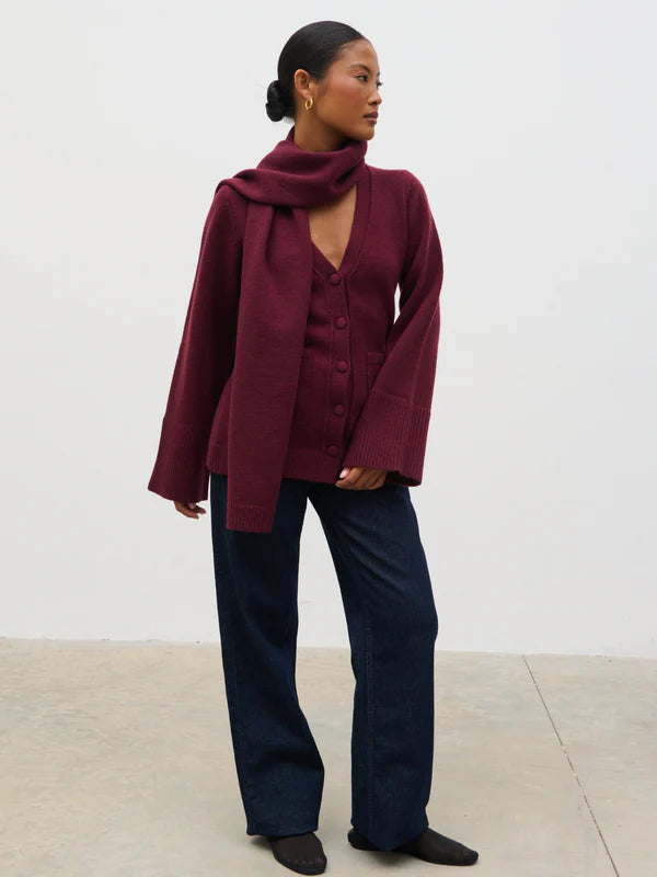 Florie Knit Cardigan with Scarf (Wine)