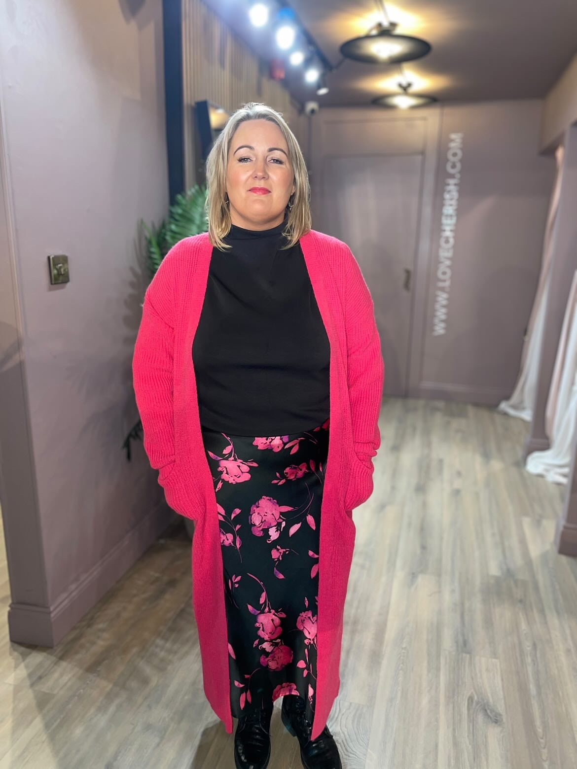 LOTUS SKIRT (PINK ON BLACK FLORAL)