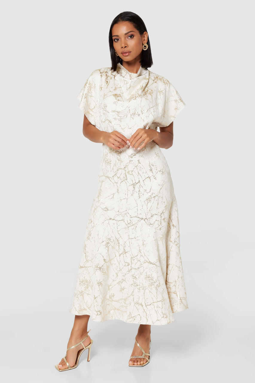 EVA ASYMMETRIC MIDI DRESS (CREAM/GOLD)