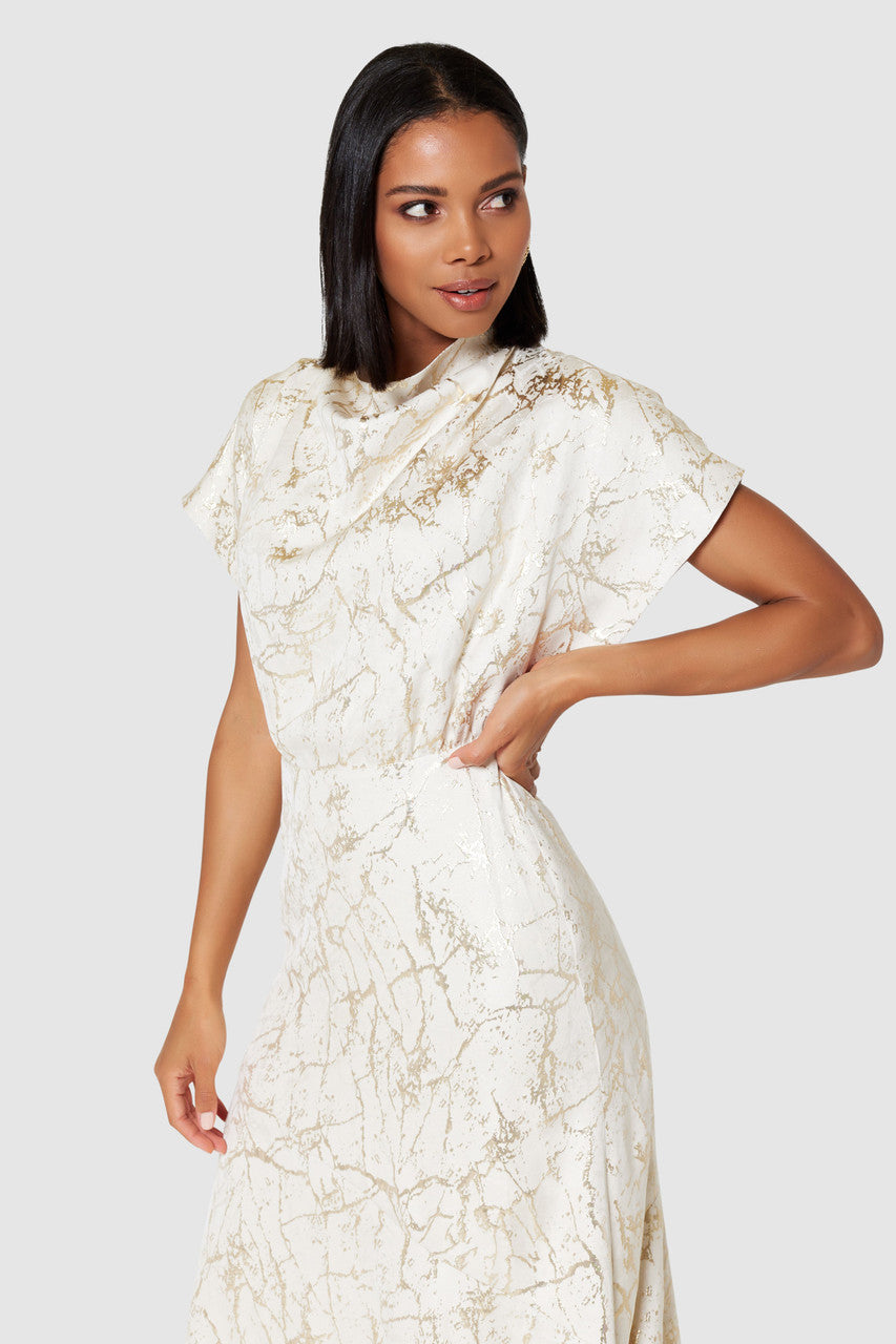 EVA ASYMMETRIC MIDI DRESS (CREAM/GOLD)