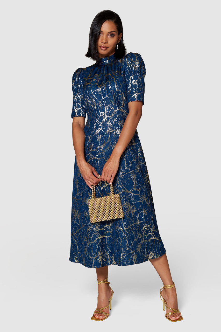 AISLING TIE BACK A-LINE MIDI DRESS (NAVY/GOLD) | Love Cherish | Dress AISLING TIE BACK A-LINE MIDI DRESS (NAVY/GOLD) | Love Cherish | Dress