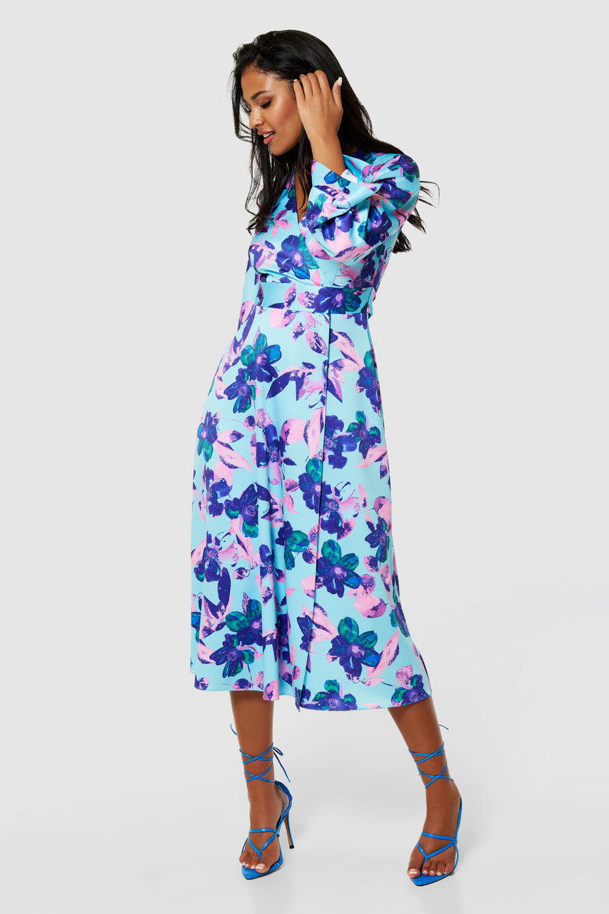 Wilma Faux Wrap Dress (Aqua Floral)