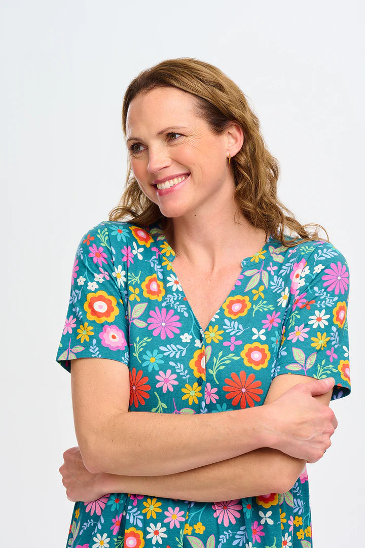 Heather Jersey Midi Smock Dress (Teal Folk Floral)