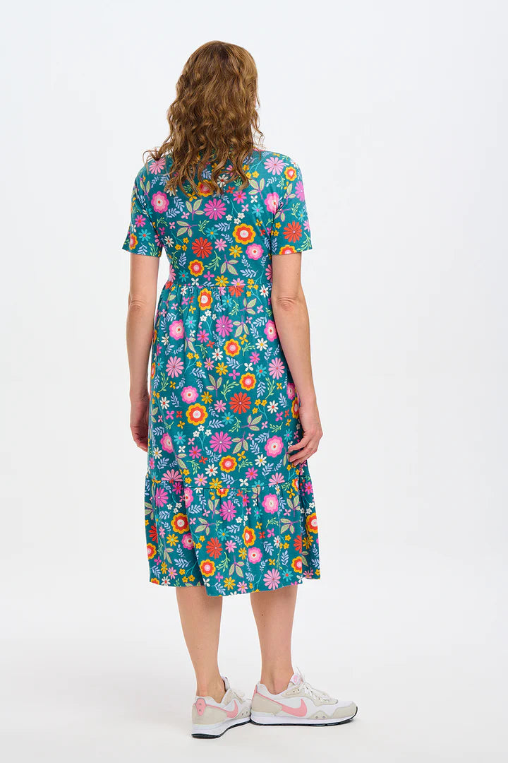Heather Jersey Midi Smock Dress (Teal Folk Floral)