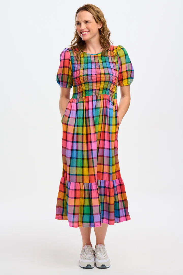 Yolanda Midi Shirred Dress (Multi Summer Rainbow Check)