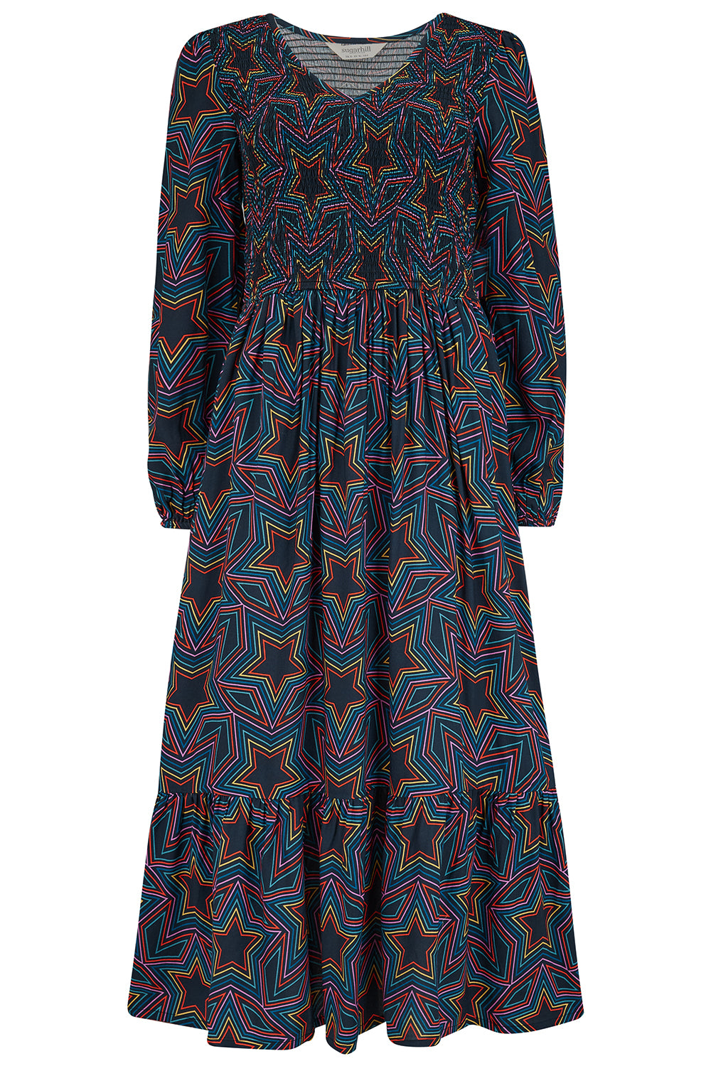 Amberly Shirred Midi Dress (Black, Rainbow Star Explosion)