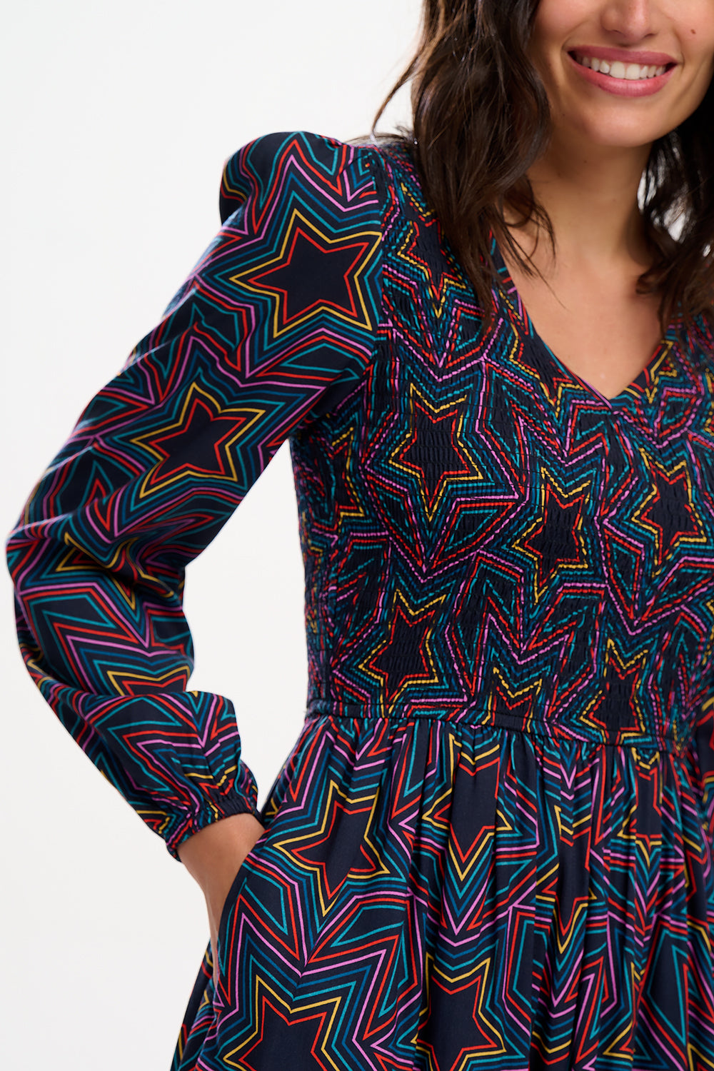 Amberly Shirred Midi Dress (Black, Rainbow Star Explosion)