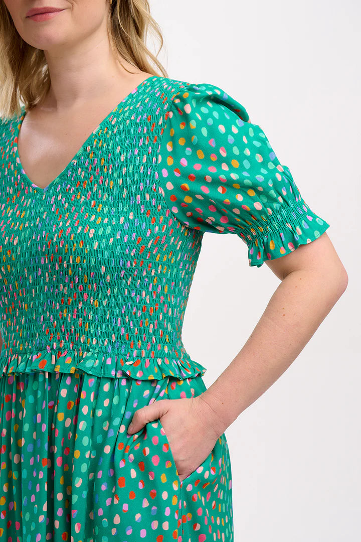Bettina Shirred Midi Dress (Green Rainbow Pebbles)
