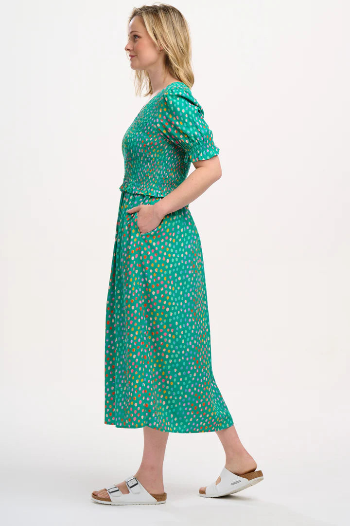 Bettina Shirred Midi Dress (Green Rainbow Pebbles)