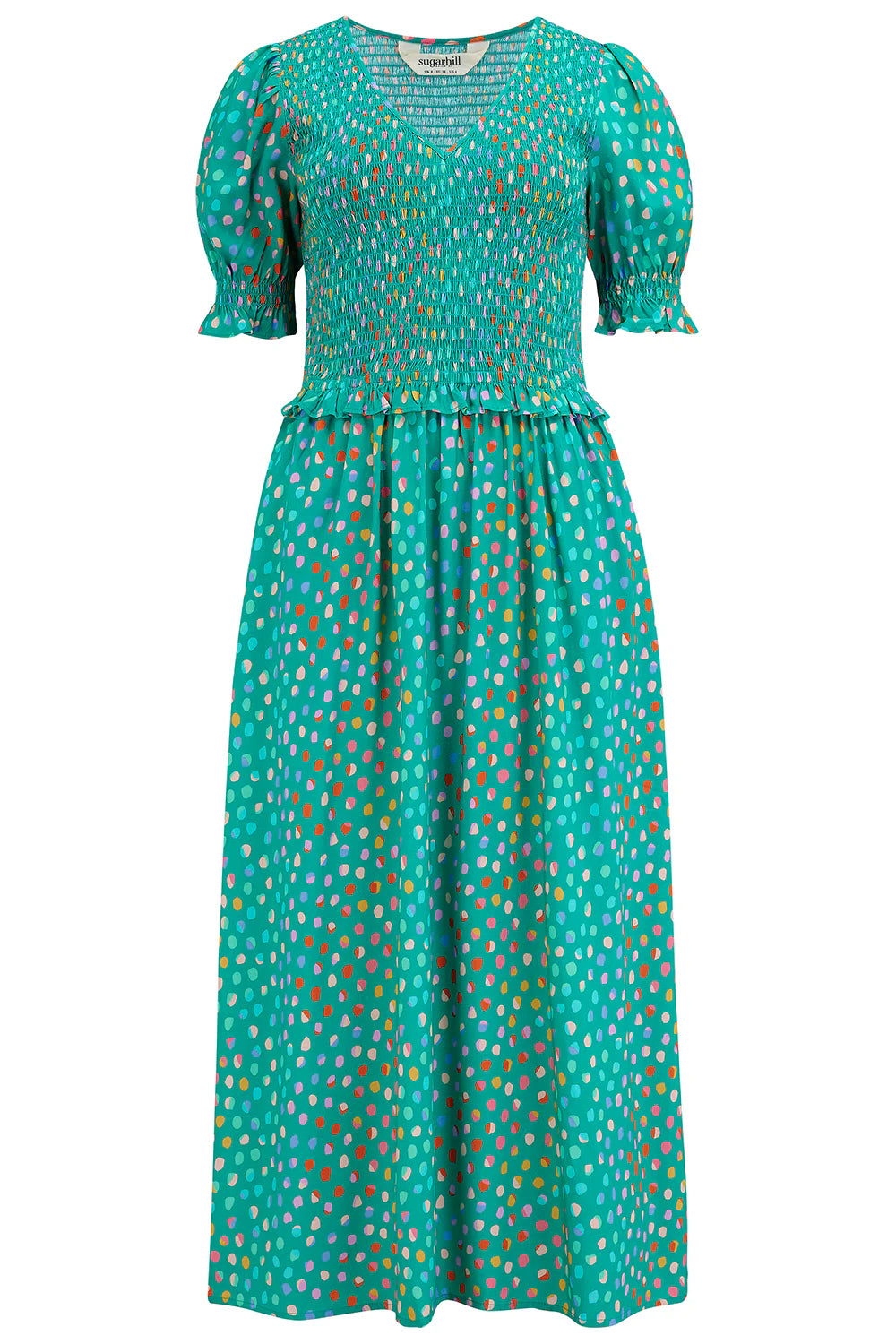 Bettina Shirred Midi Dress (Green Rainbow Pebbles)