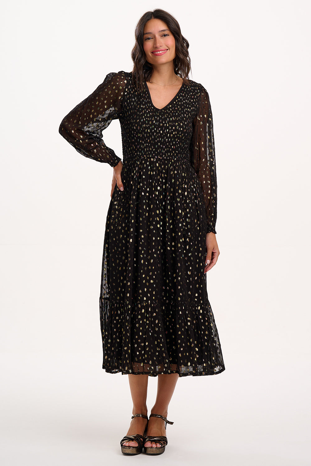 Jacqueline Shirred Midi Dress (Black/Metallic)