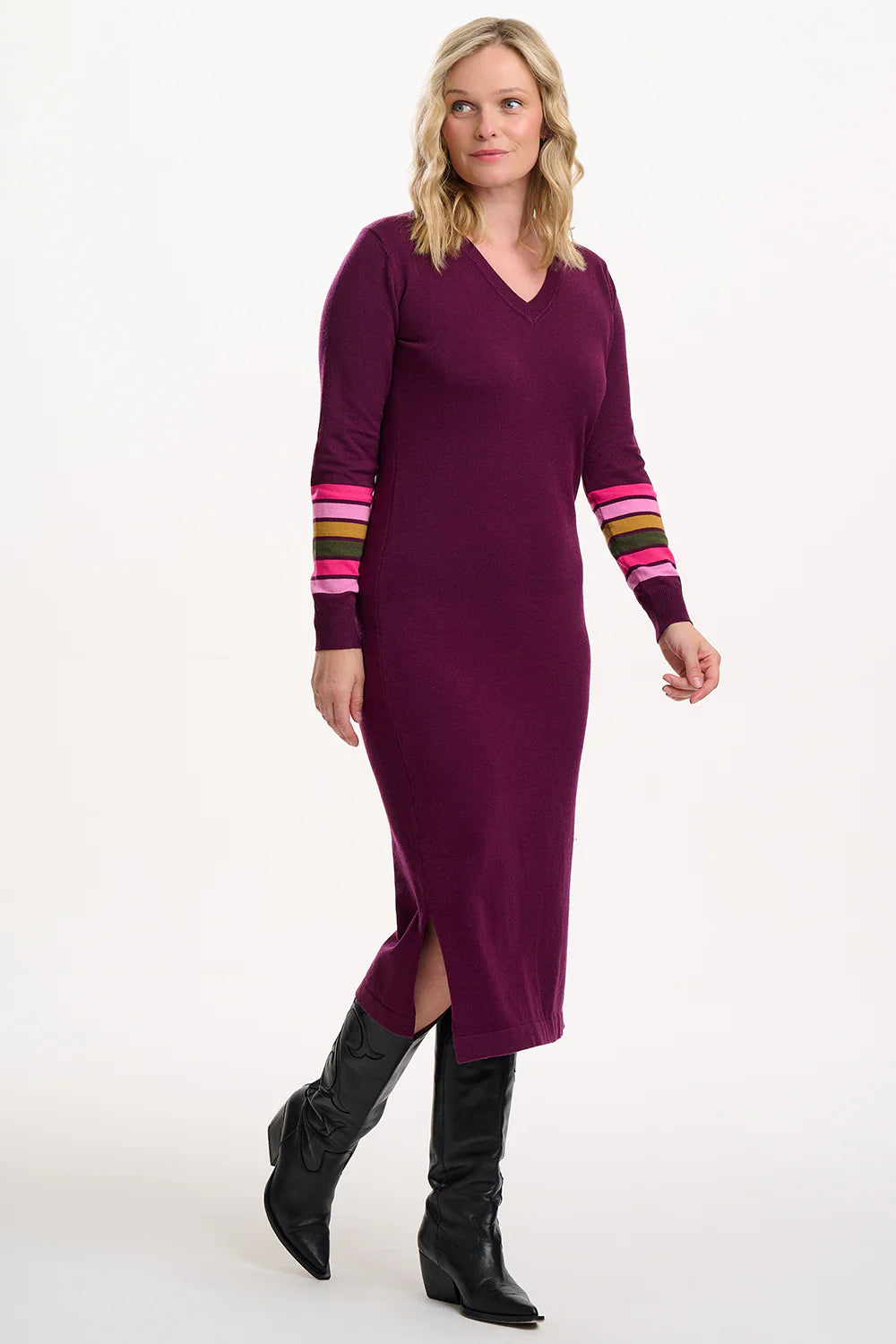 Dana Knit Midi Dress (Burgundy/Stripes)