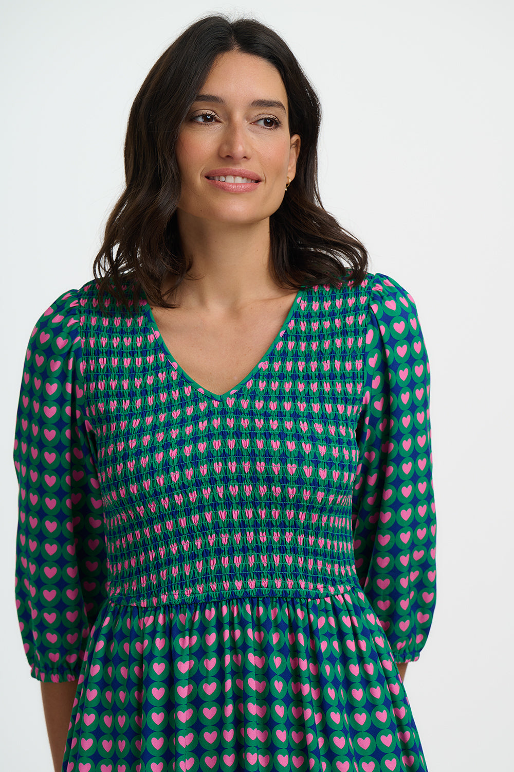 Della Shirred Midi Dress (Green/Heart Tile)