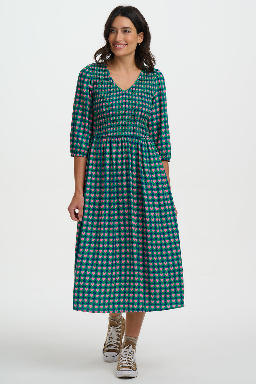Della Shirred Midi Dress (Green/Heart Tile)