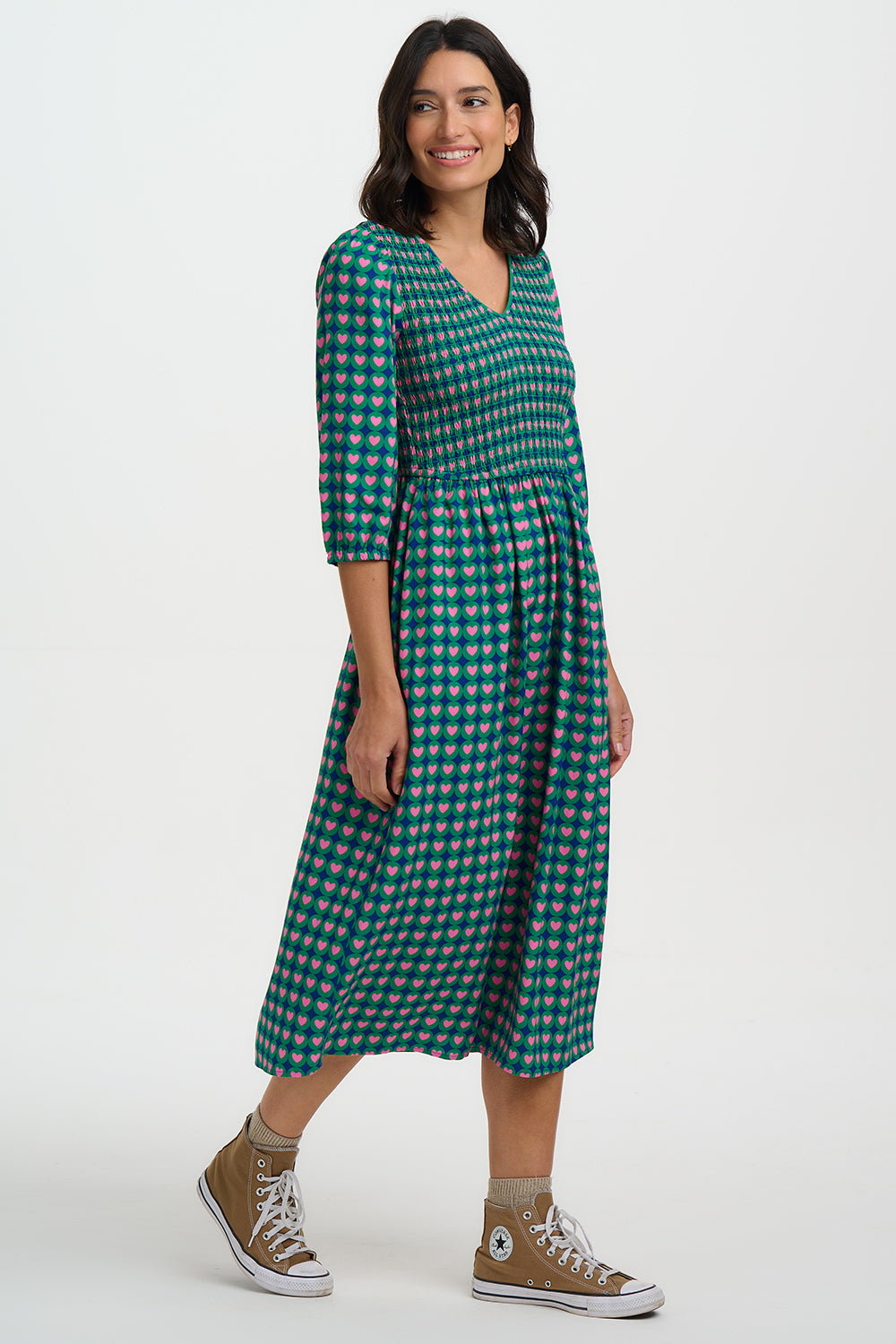 Della Shirred Midi Dress (Green/Heart Tile)