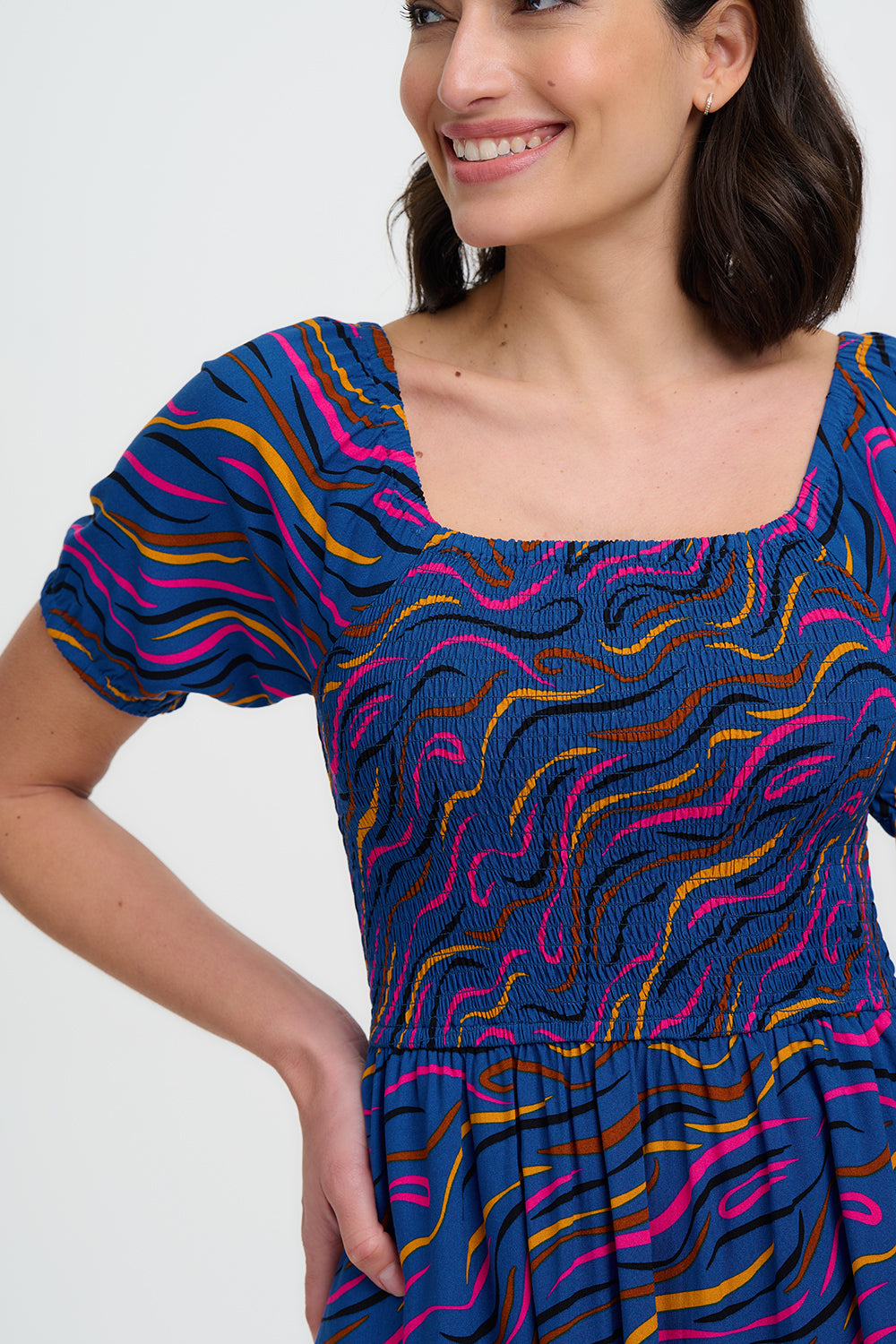 Jolene Shirred Midi Dress (Blue)