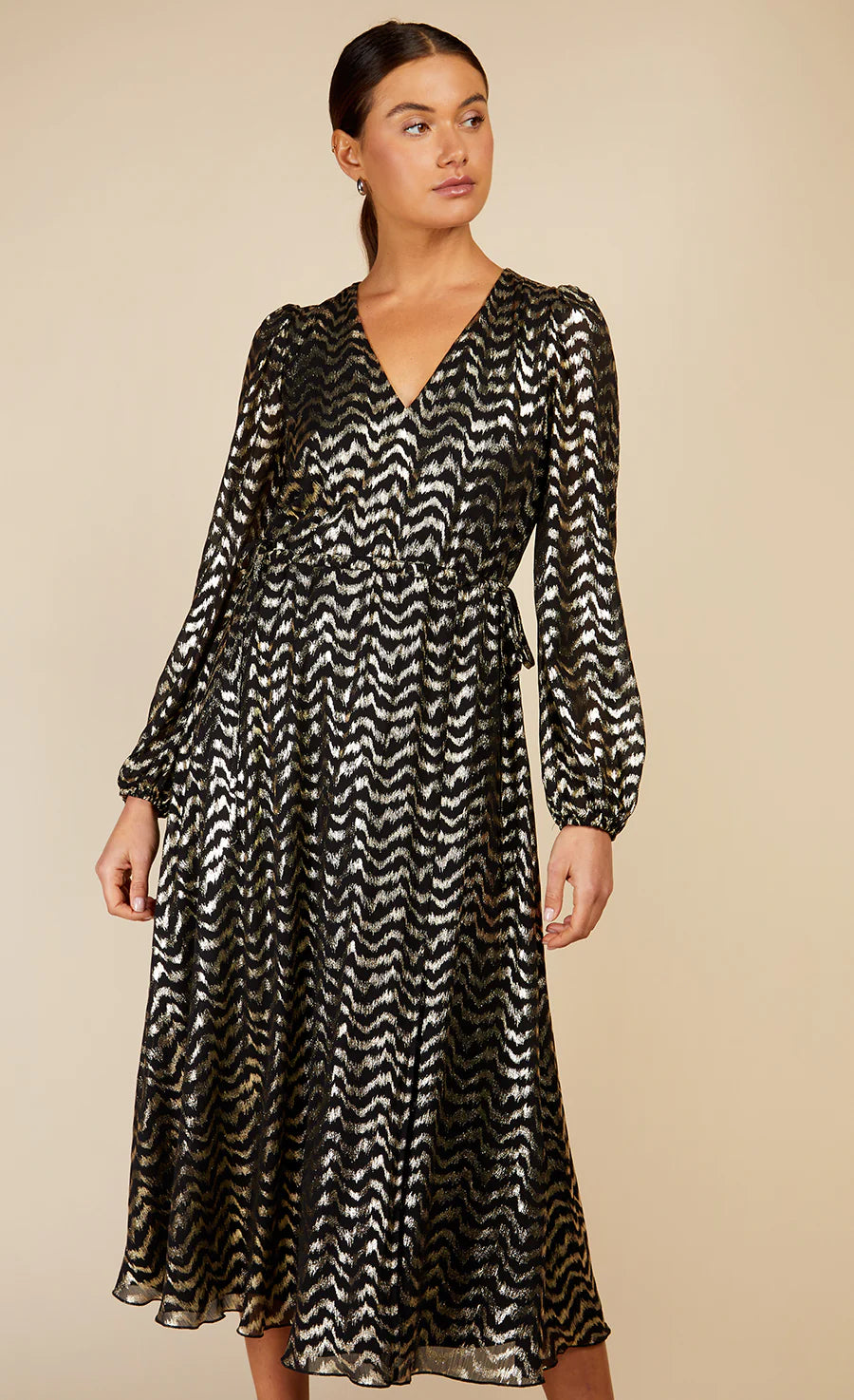 VEDA BLACK FOIL PRINT DRESS (BLACK/GOLD