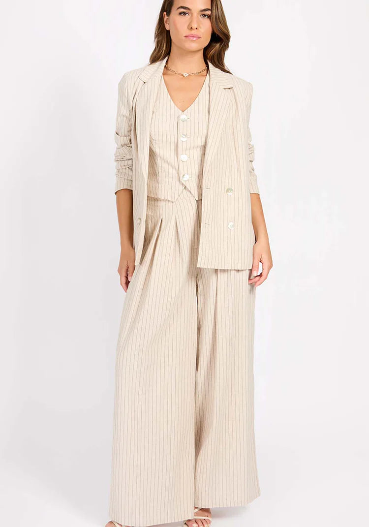 Logan Striped Linen Blend Trousers (Oatmeal/Black)