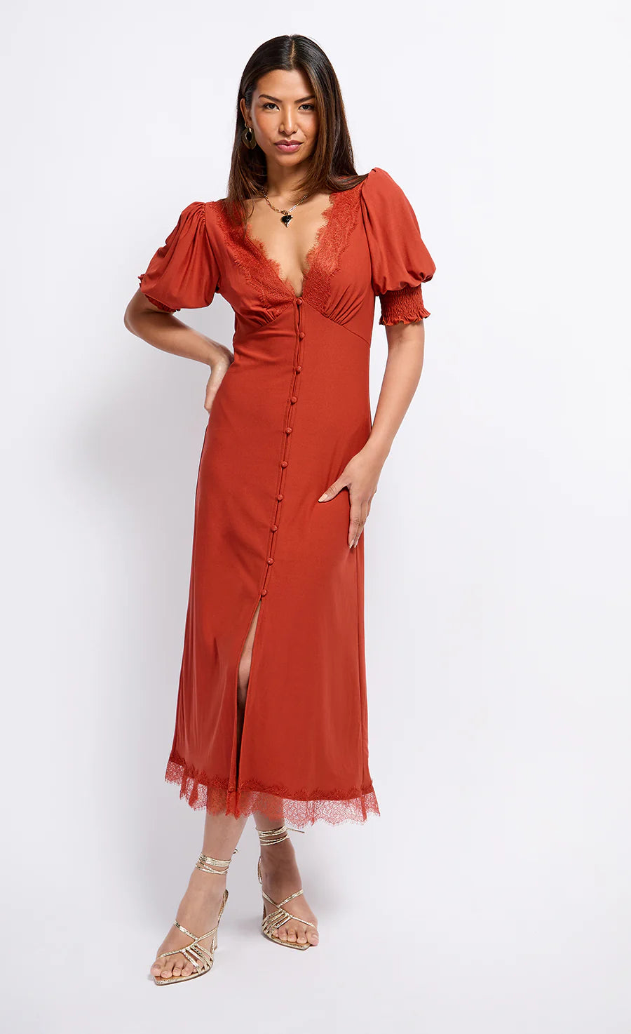 Sara Lace Trim Midaxi Dress (Copper)