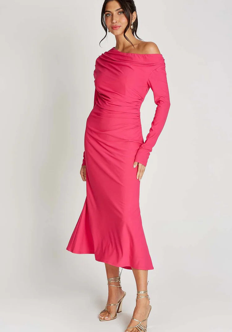 Leanette Asymmetric Midi Dress (Pink)