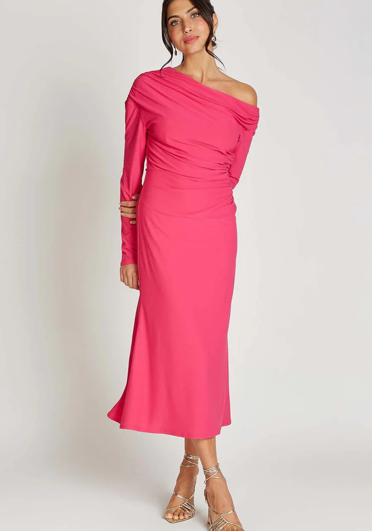 Leanette Asymmetric Midi Dress (Pink)