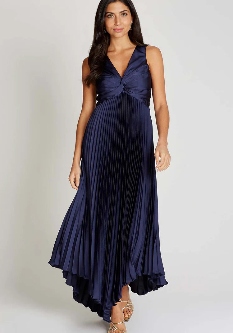 Cliona Satin Pleated Midi Dress (Navy)