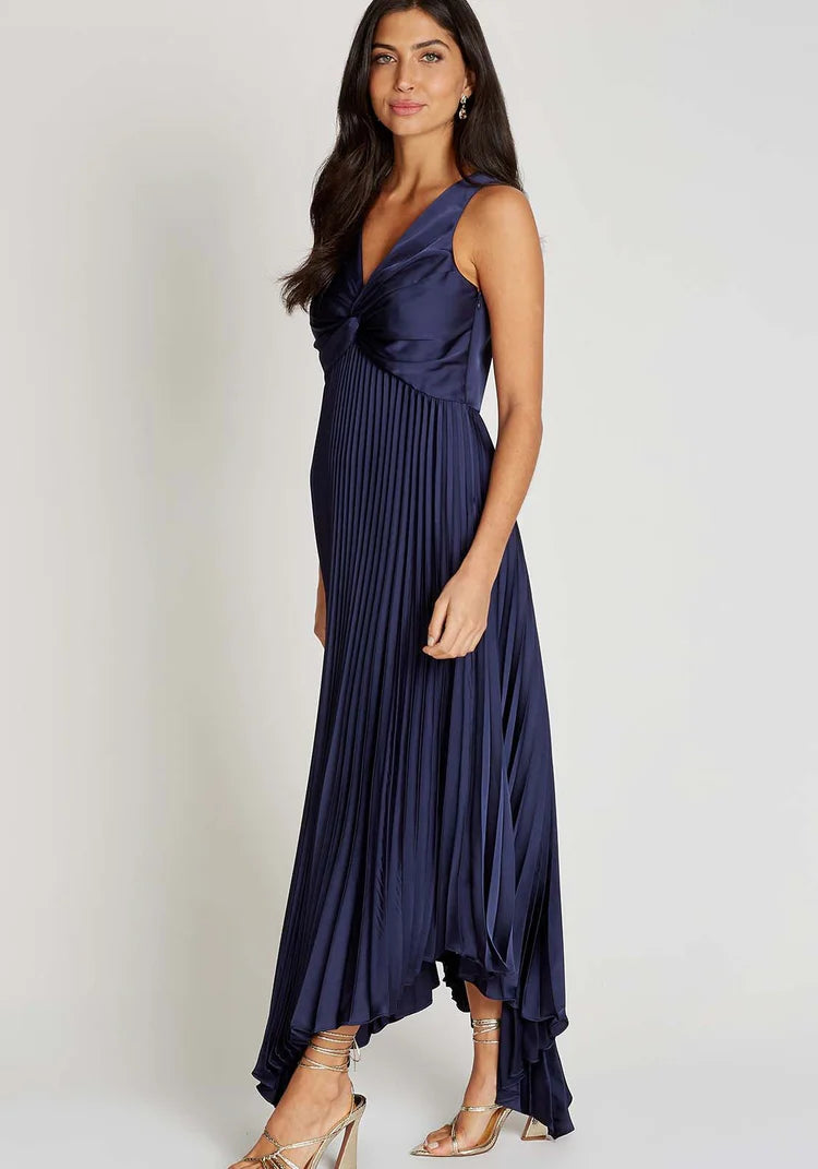 Cliona Satin Pleated Midi Dress (Navy)