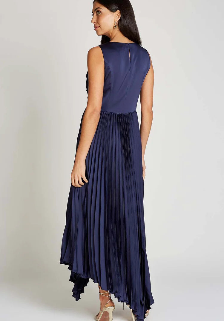 Cliona Satin Pleated Midi Dress (Navy)