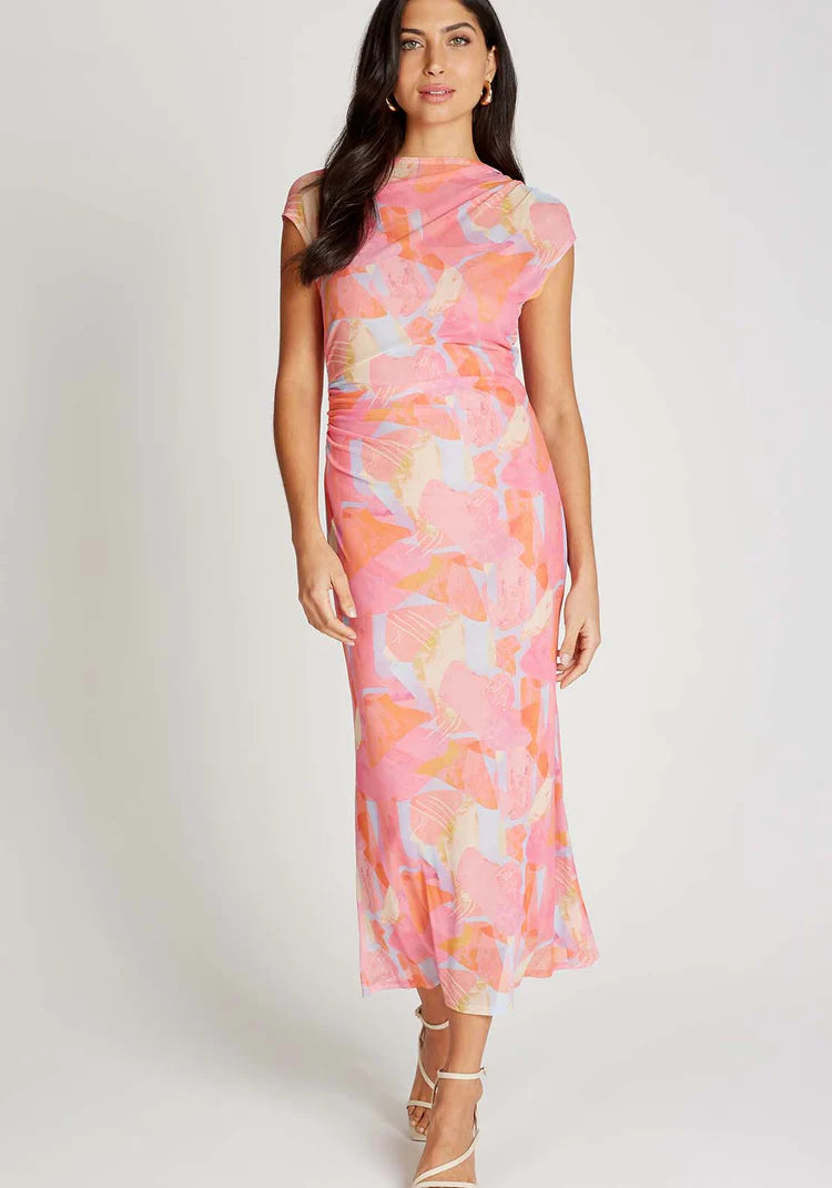 Paulette Print Mesh Midi Dress (Pink)