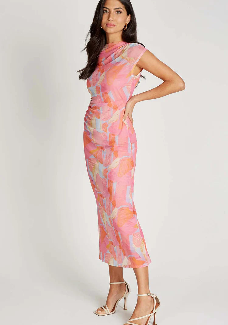 Paulette Print Mesh Midi Dress (Pink)