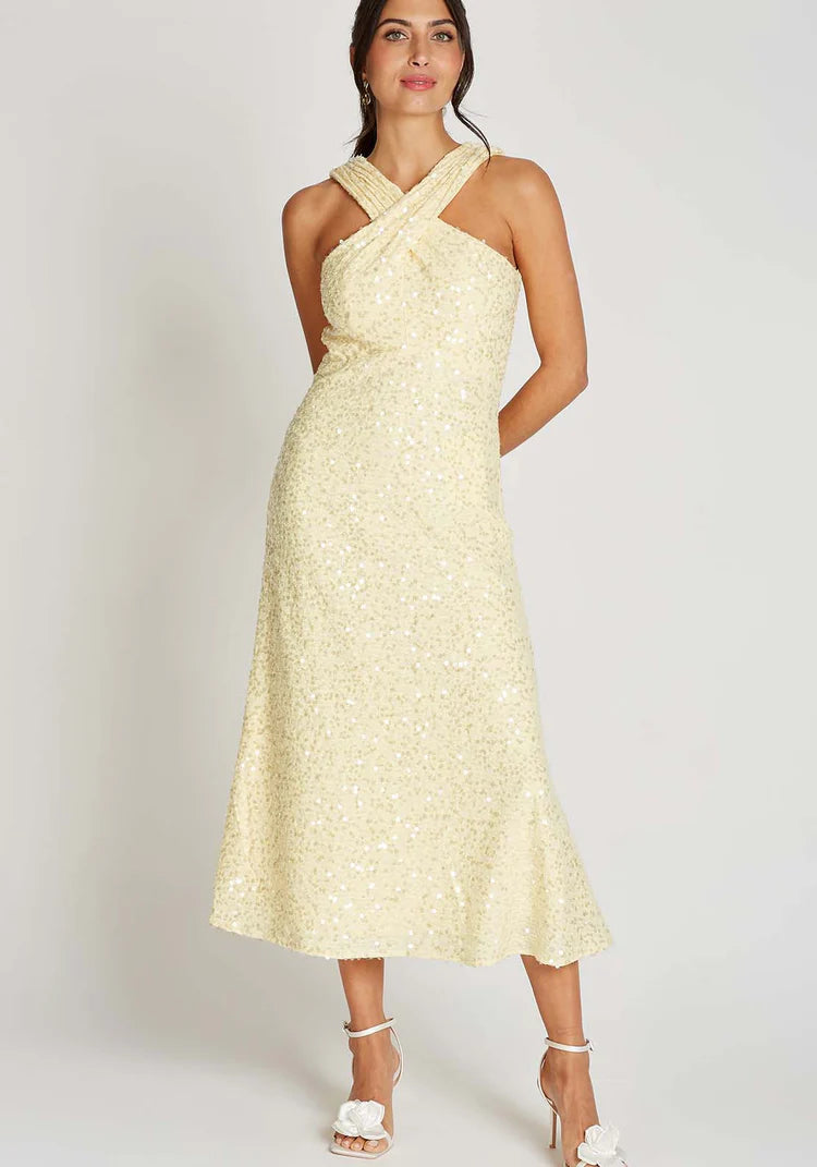 Louise Sequin Waffle Cross Neck Midi Dress (Lemon)