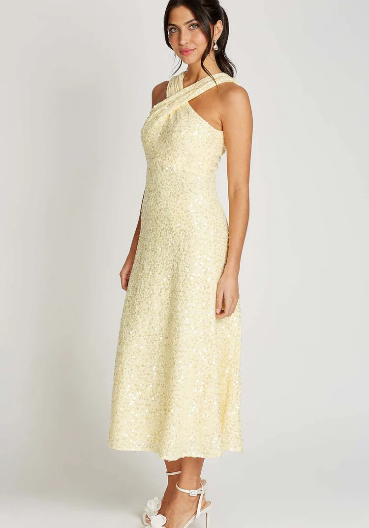 Louise Sequin Waffle Cross Neck Midi Dress (Lemon)