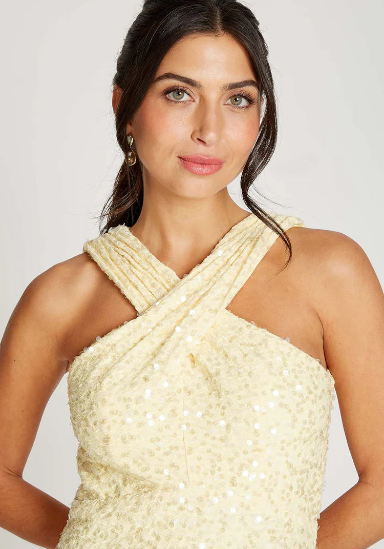 Louise Sequin Waffle Cross Neck Midi Dress (Lemon)