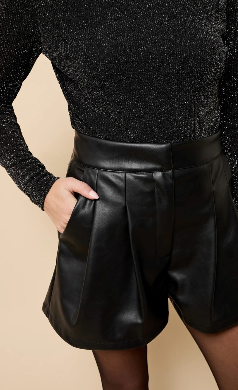 Bianca Pleated PU Shorts (Black)