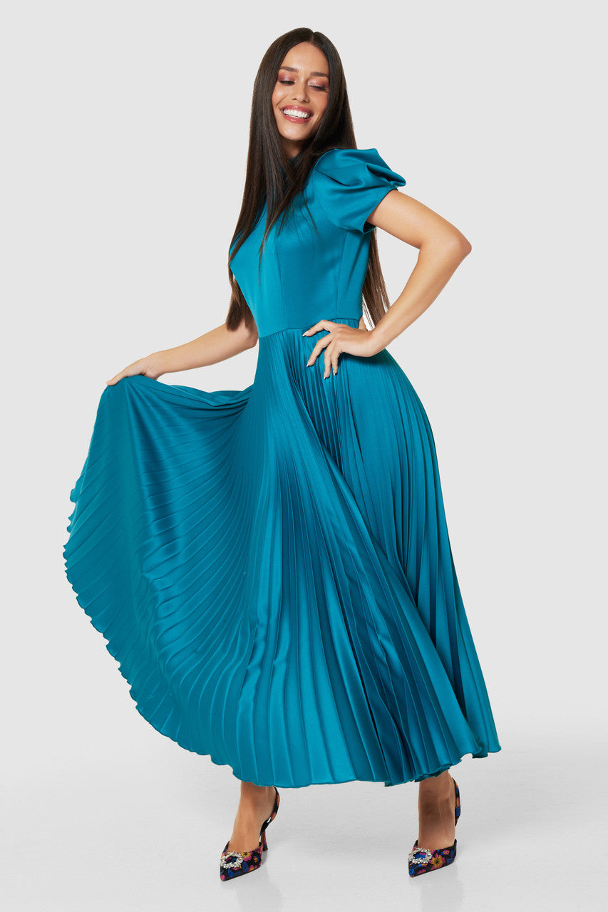 turquoise pleated dress Turquoise Halter V-Neck Pleated Satin Sleeveless Long Prom Party Dress, Turquoise / 12