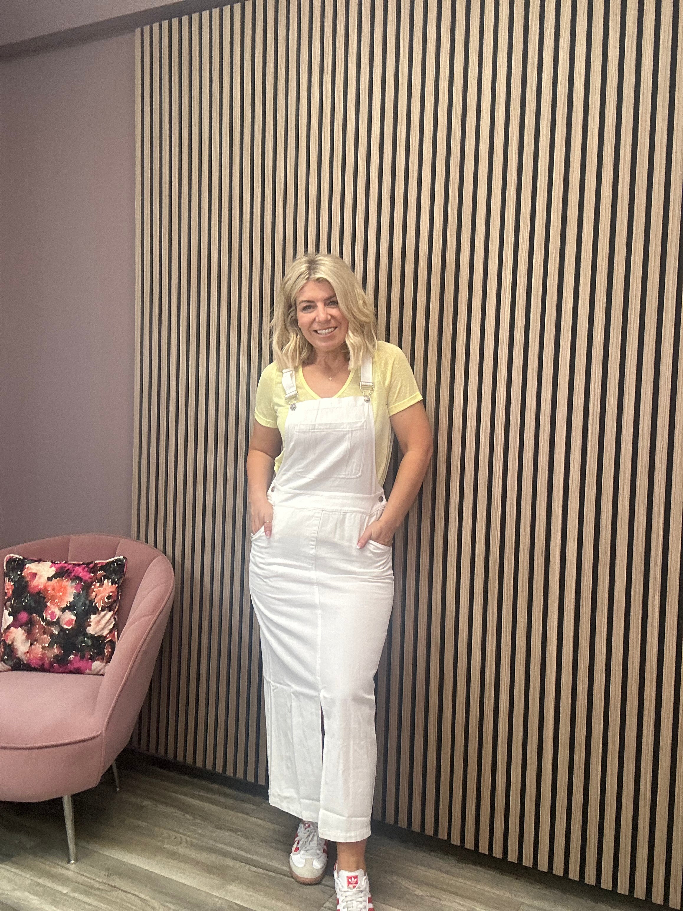 Charlize Dungaree Midi Dress (White)