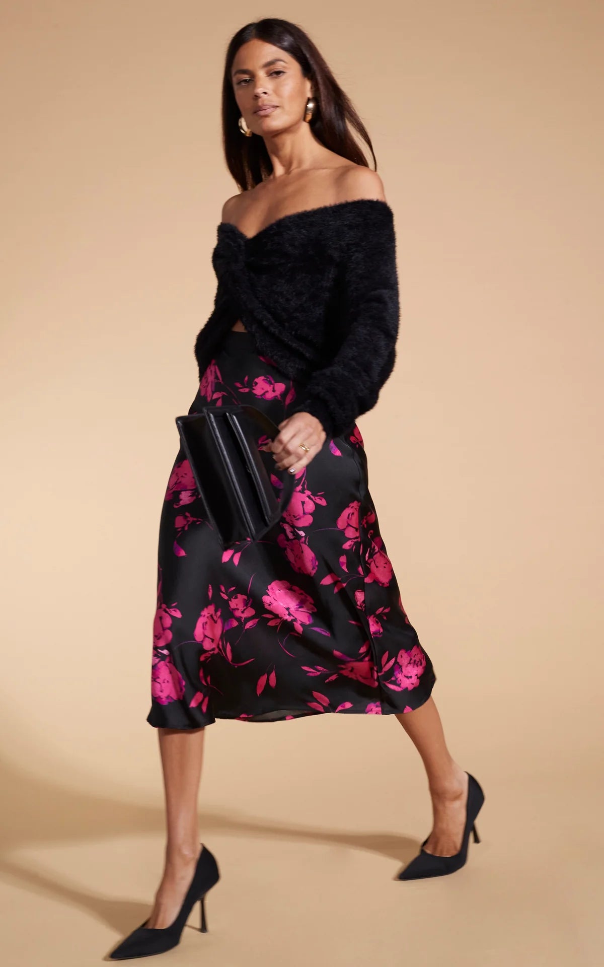 LOTUS SKIRT (PINK ON BLACK FLORAL)