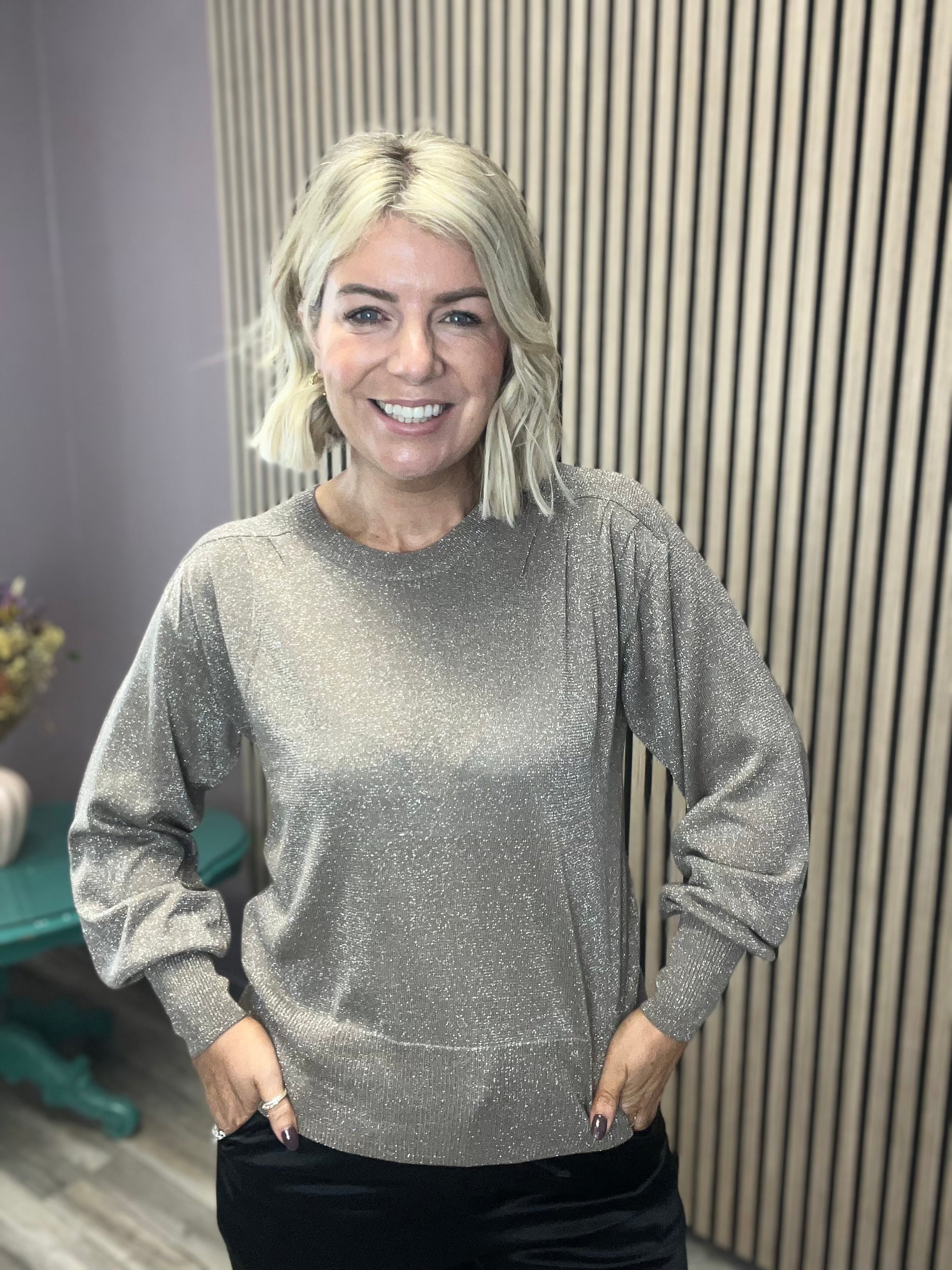 GRACE GLITTER JUMPER (FOSSIL/SILVER) Love Cherish Jumper