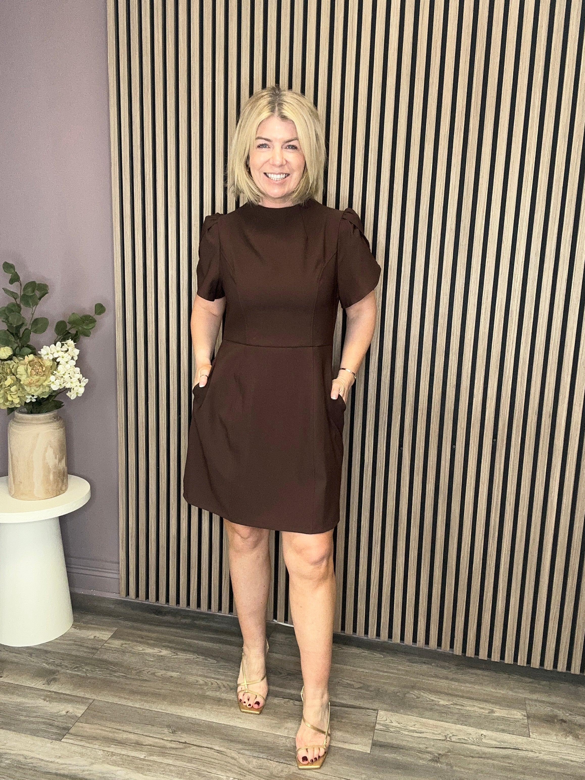 Ami Tulip Sleeve High Neck Dress (Brown)