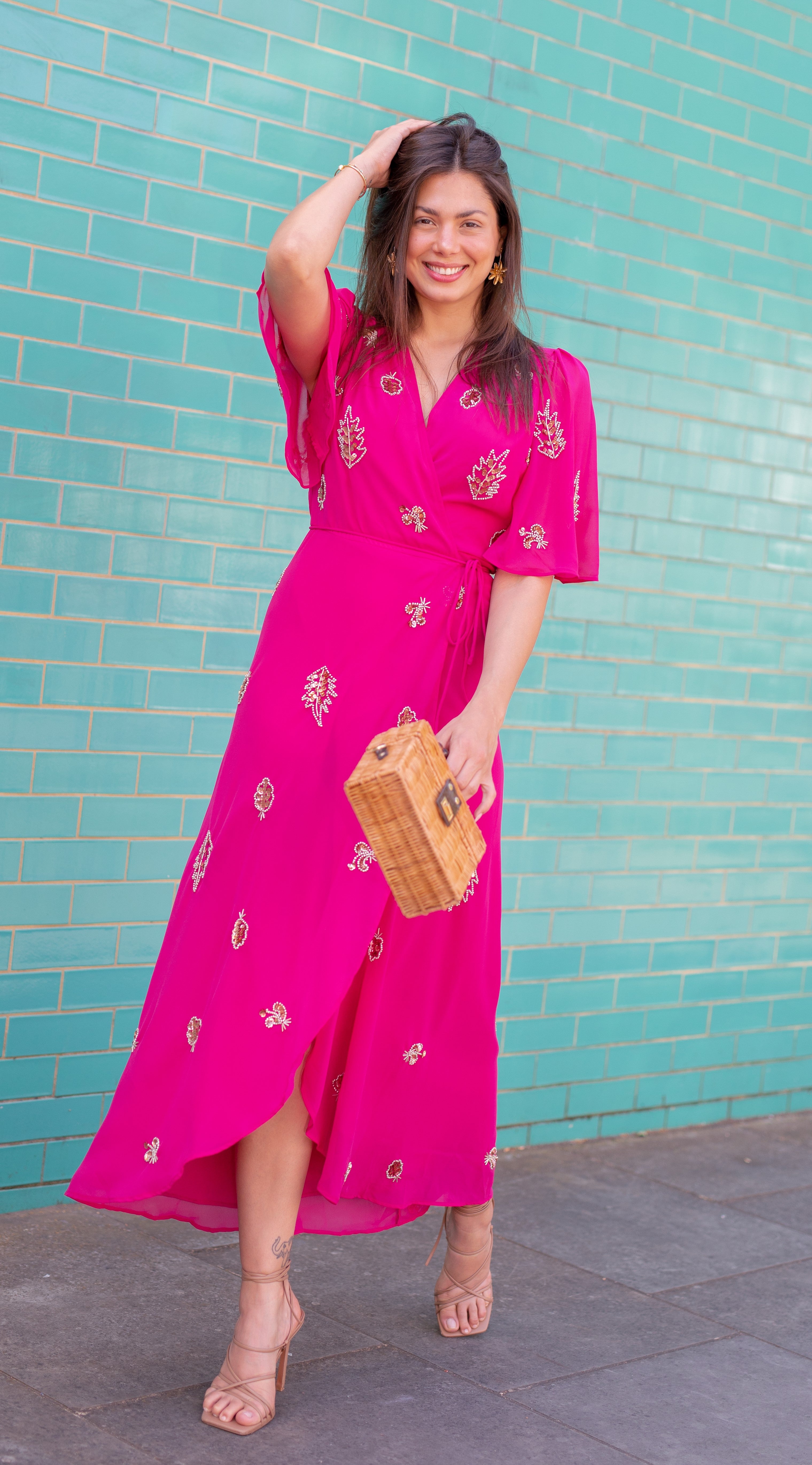 THE MOLLY EMBELLISHED FLUTTER SLEEVE WRAP DRESS (PINK)