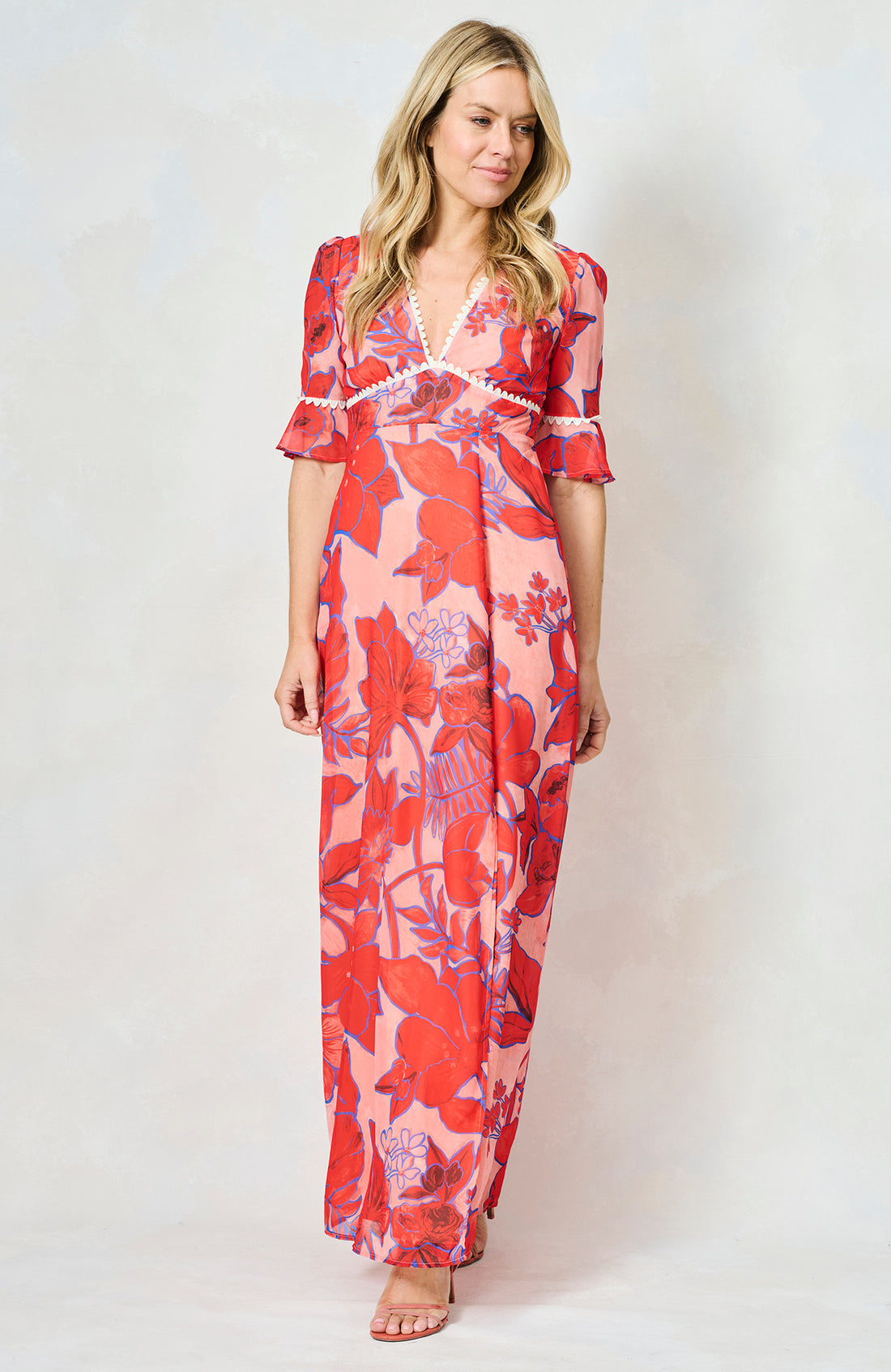 The Amaya Frill Sleeve Open Back Maxi Dress (Red)