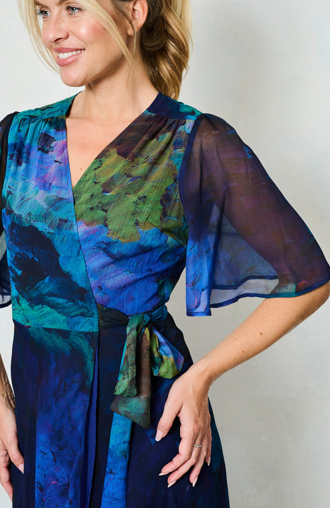 Jacqueline Flutter Sleeve Maxi Wrap Dress (Blue Multi)